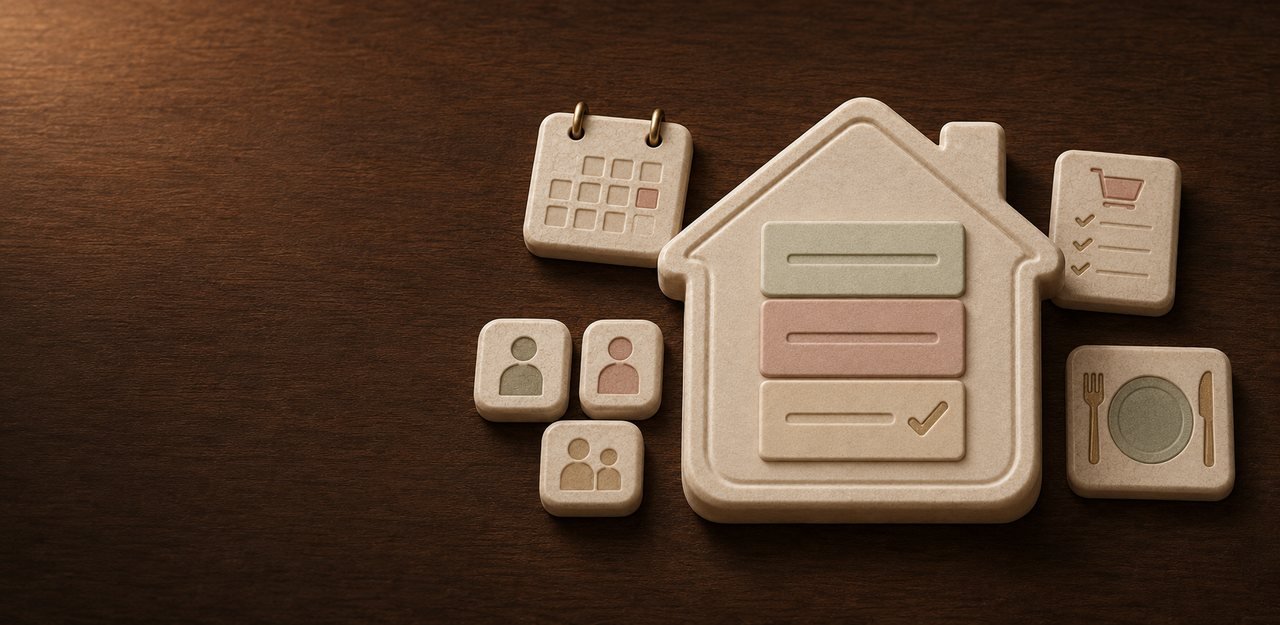 MentalDeload Home brand visual with warm household motifs