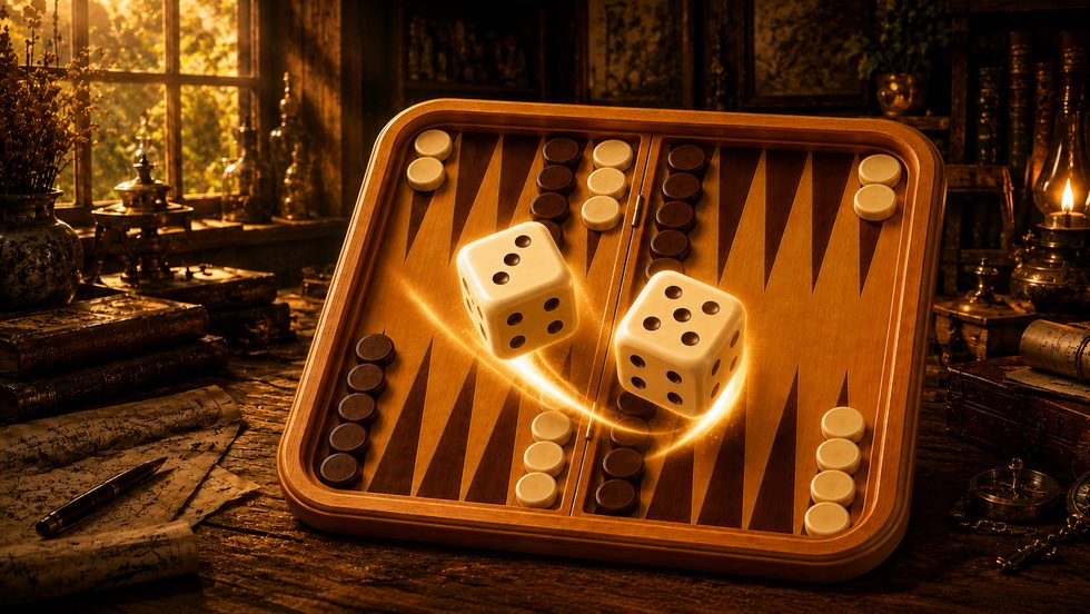 Backgammon Zen wooden board with dice in a warm studio setting