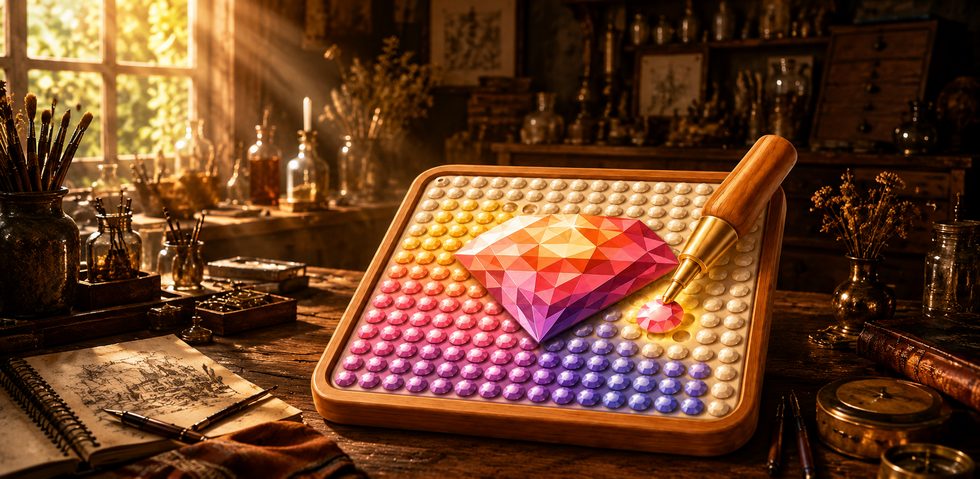 Diamond Painting Zen Art sparkling canvas with warm wooden studio lighting