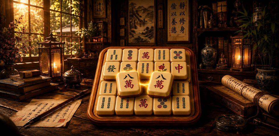 Mahjong Solitaire Zen Puzzle tiles on a wooden board