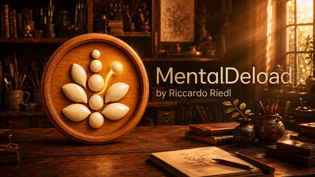 MentalDeload brand visual in a warm wooden studio
