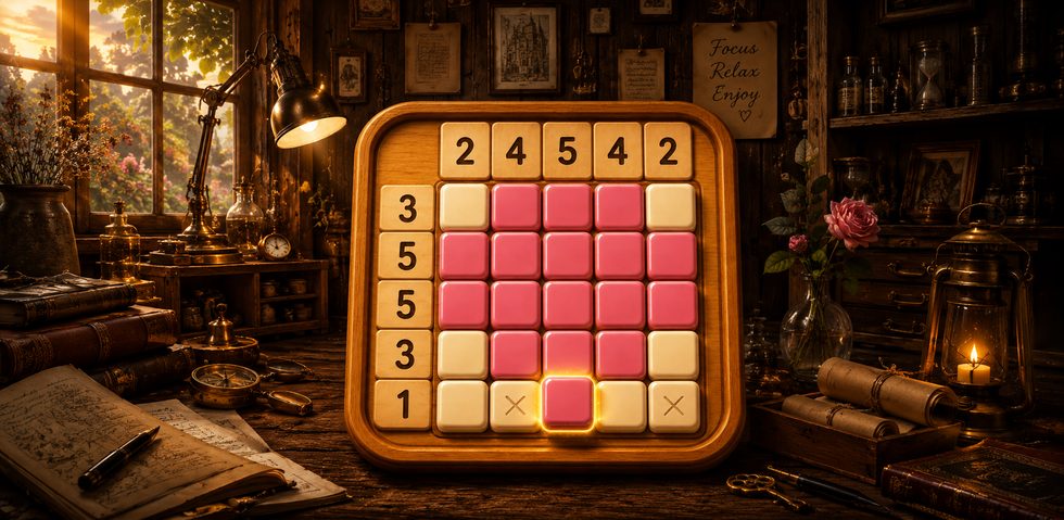 Nonogram Zen Puzzle grid with pink filled cells on a wooden board