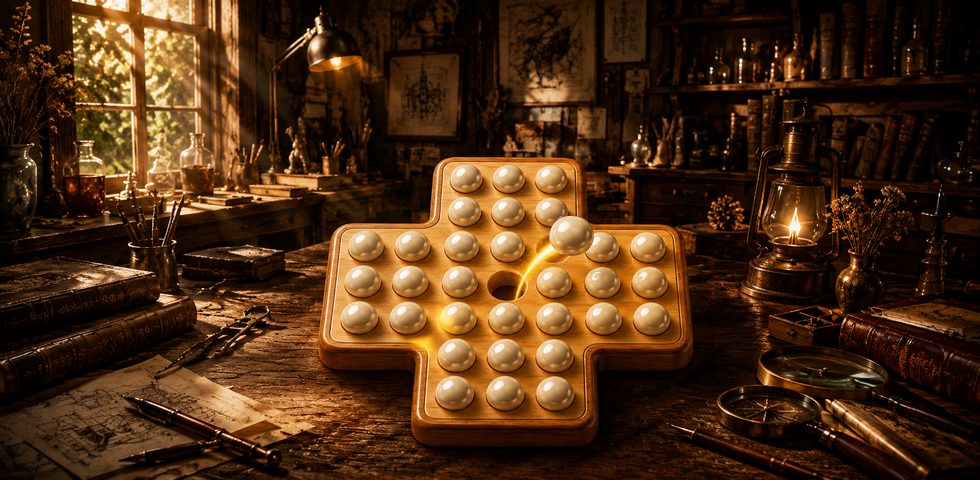Peg Solitaire Zen Puzzle wooden cross board with ivory pegs